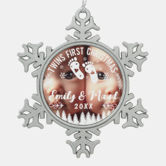 Twins Erstes Weihnachtsfest-Foto Schneeflocken Zinn-Ornament
