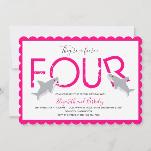 Twins Fierce Four Hot Pink Shark Birthday Einladung (Vorderseite)