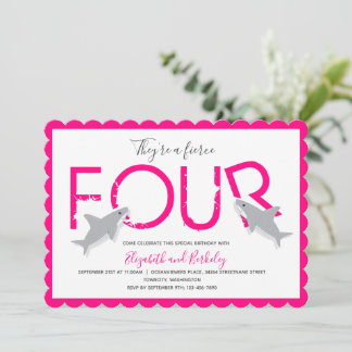 Twins Fierce Four Hot Pink Shark Birthday Einladung