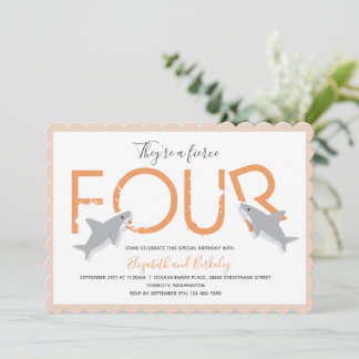 Twins Fierce Four Orange Shark Birthday Einladung