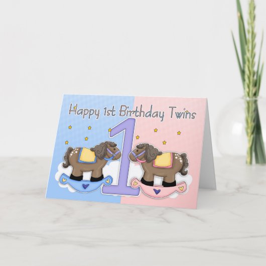 Twins First Birthday Card - Zwei kleine Ponies Karte (Vorderseite)