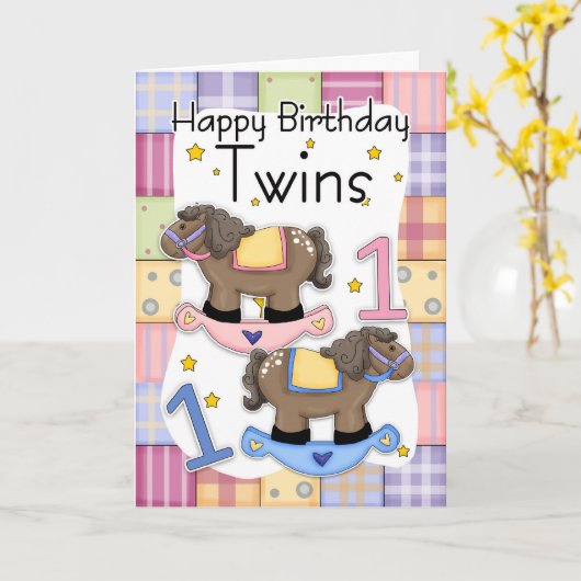 Twins First Birthday Card - Zwei kleine Ponies Karte (Gelbe Blume)
