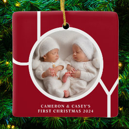 Twin's First Christmas Custom Photo Red Keramikornament