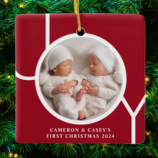 Twin's First Christmas Custom Photo Red Keramikornament