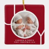 Twin's First Christmas Custom Photo Red Keramikornament (Vorderseite)