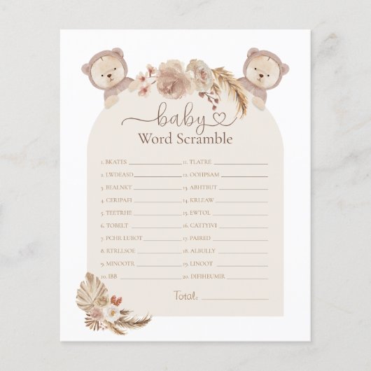 Twins gefüllt Bären Word Scramble Baby Shower Game (Vorderseite)