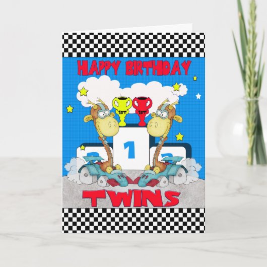 Twins Giraffe Geburtstagskarte - Racing Giraffe Karte (Vorderseite)