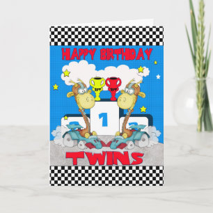 Twins Giraffe Geburtstagskarte - Racing Giraffe Karte