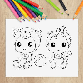 Twins Girl Bear Baby Jumpsuit Coloring Page Gummistempel