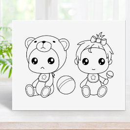 Twins Girl Bear Baby Jumpsuit Coloring Page Gummistempel