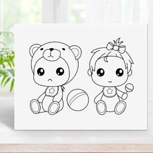 Twins Girl Bear Baby Jumpsuit Coloring Page Gummistempel
