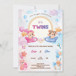 Twins Girl Boy Bear Airplane Babydusche Einladung