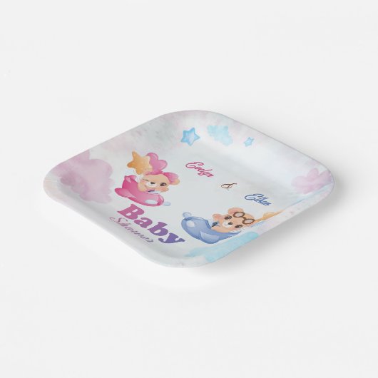 Twins Girl Boy Bear Airplane Babydusche Pappteller (Gewinkelt)