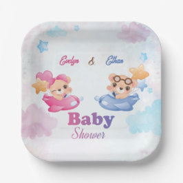 Twins Girl Boy Bear Airplane Babydusche Pappteller