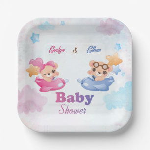Twins Girl Boy Bear Airplane Babydusche Pappteller
