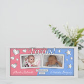 Twins Girl & Boy Geburtshinweise Ankündigung (Stehend Vorderseite)