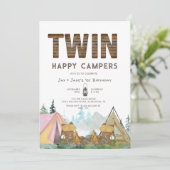 Twins Girl & Boy Rustic Happy Camper Geburtstag Einladung (Stehend Vorderseite)