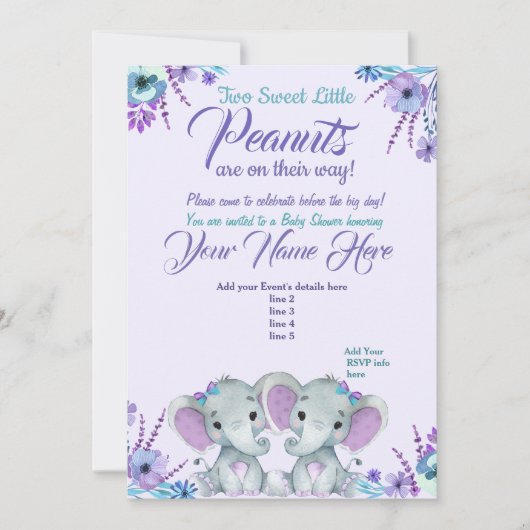 Twins Girl Elephants Baby Shower Einladung Bloral (Vorderseite)