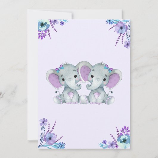 Twins Girl Elephants Baby Shower Einladung Bloral (Rückseite)