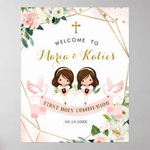 Twins Girl Pink Floral Heilige Kommune Begrüßungsz Poster