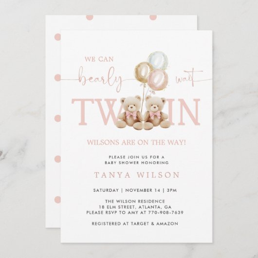 Twins Girl Teddy Bear Bear Bearly Wait Baby Dusche Einladung (Vorne/Hinten)