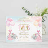 Twins Girls Elephant Virtual Baby Dusche by Mail Einladung (Stehend Vorderseite)