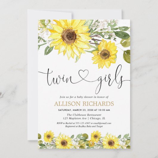 Twins Girls gelbe Sonnenblumendusche Einladung (Vorderseite)