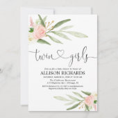 Twins Girls, grüne goldfarbene Blütendusche Einladung (Vorderseite)