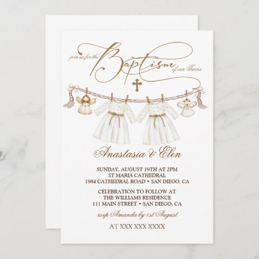 Twins Girls Vintag Boho Taufen Einladung (Vorne/Hinten)