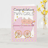 Twins - Glückwünsche an zwei Mädchen im Pram Karte (Gelbe Blume)