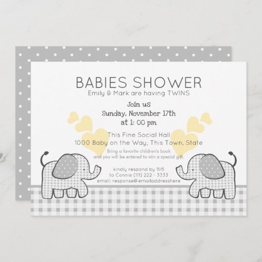 Twins Gray Gingham Baby Shower Einladung (Vorne/Hinten)