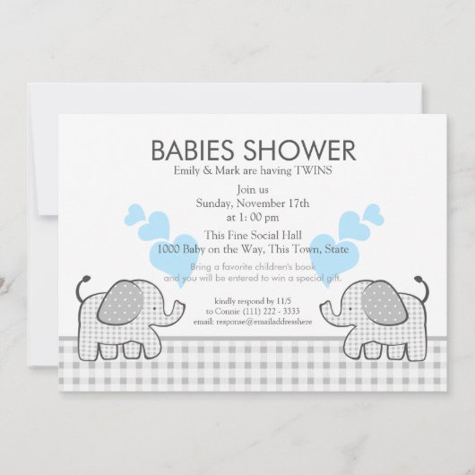 Twins Gray Gingham Blue Baby Shower Einladung (Vorderseite)
