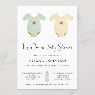 Twins Green Yellow Watercolor Retro Babydusche Einladung