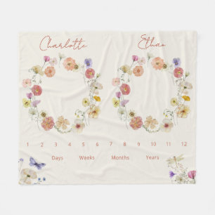 Twins Growth Tracker Wassercolor Floral Neugeboren Fleecedecke