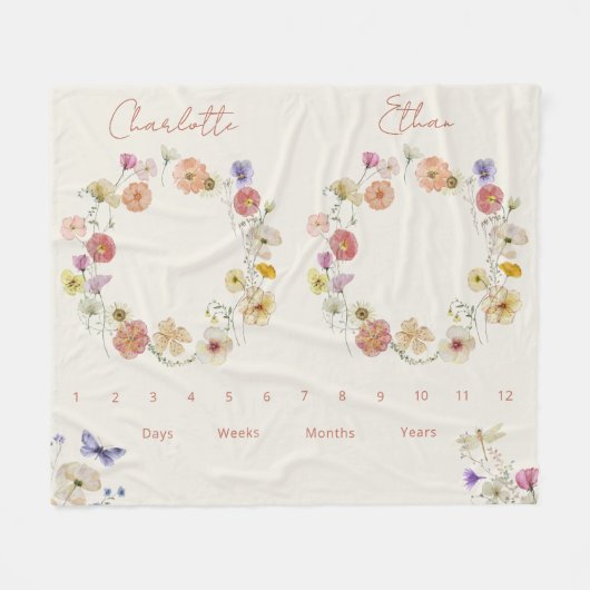 Twins Growth Tracker Wassercolor Floral Neugeboren Fleecedecke (Vorderseite (Horizontal))