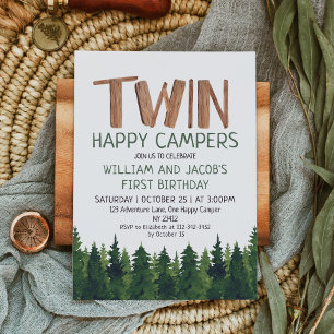 Twins Happy Campers Woodland Boys 1. Geburtstag Einladung