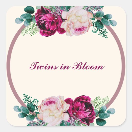 Twins in Bloom Baby Shower Quadratischer Aufkleber (Vorderseite)
