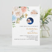 Twins Junge Mädchen blaue Rose Foto Luxus-Taufe Einladung (Stehend Vorderseite)