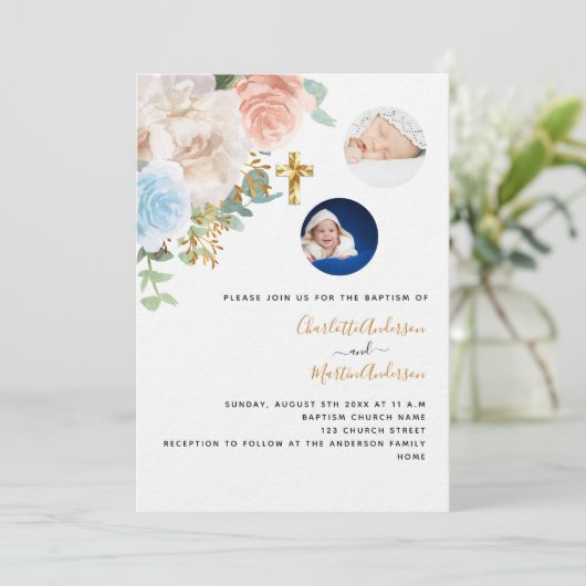 Twins Junge Mädchen blaue Rose Foto Luxus-Taufe Einladung (Stehend Vorderseite)