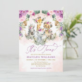 Twins Jungle Safari Animals Boho Girl Baby Dusche Einladung (Stehend Vorderseite)