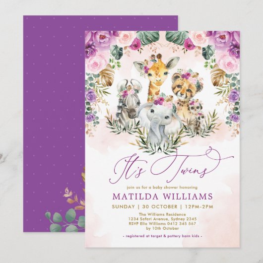 Twins Jungle Safari Animals Boho Girl Baby Dusche Einladung (Vorne/Hinten)