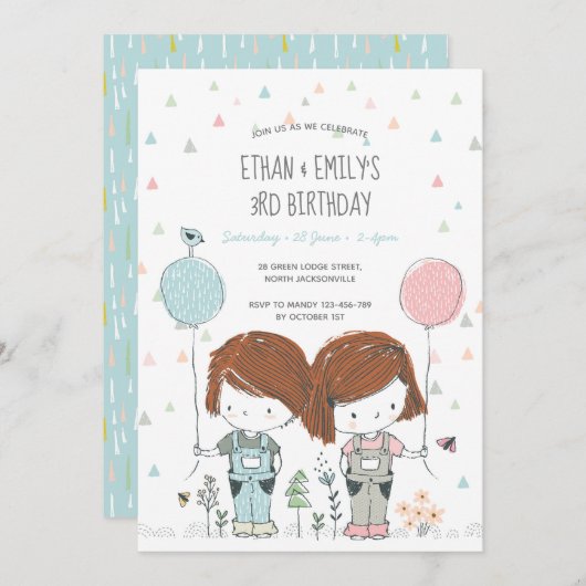 Twins Kindergeburtstag Einladung whimsical (Vorne/Hinten)