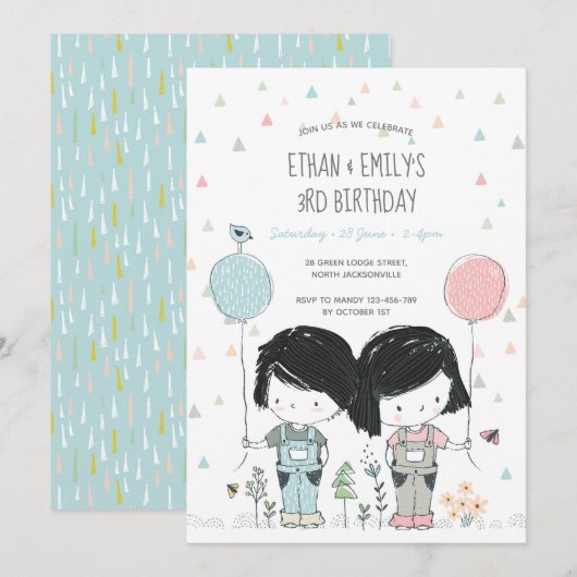 Twins Kindergeburtstag Einladung whimsical (Vorne/Hinten)