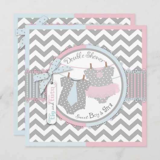 Twins Krawatte Tutu Zickzack Baby Dusche Einladung (Vorne/Hinten)