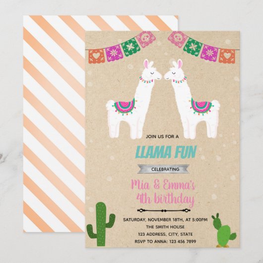Twins Lama Einladung (Vorne/Hinten)