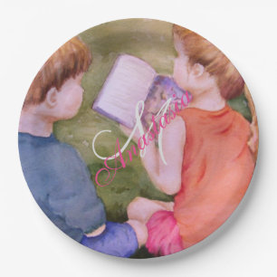TWINS LESEN EINES BUCHMONOGRAMM-PARTY PAPPTELLER