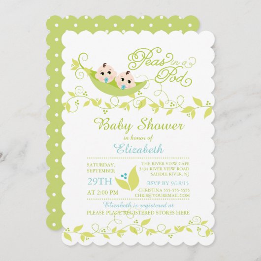 Twins Little Peas Boys Kinderdusche Einladung (Vorne/Hinten)