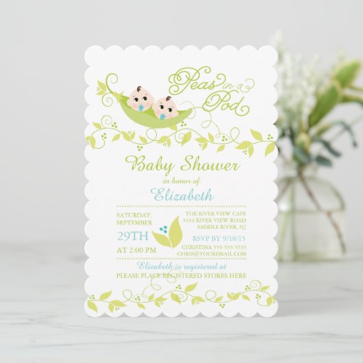 Twins Little Peas Boys Kinderdusche Einladung (Stehend Vorderseite)