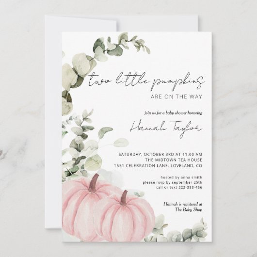 Twins Little Pumpkin Pink Girl Fall Baby Shower Einladung (Vorderseite)