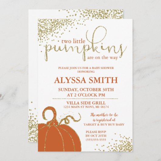 Twins Little Pumpkins Fall Baby Shower Einladung (Vorne/Hinten)